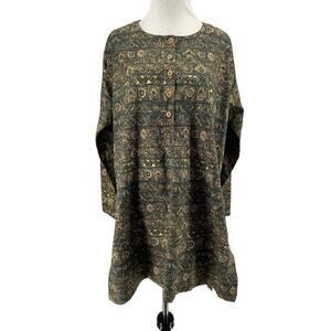 Peruvian Connection Women's Green Tan Printed Long Sleeve Tunic Blouse Medium